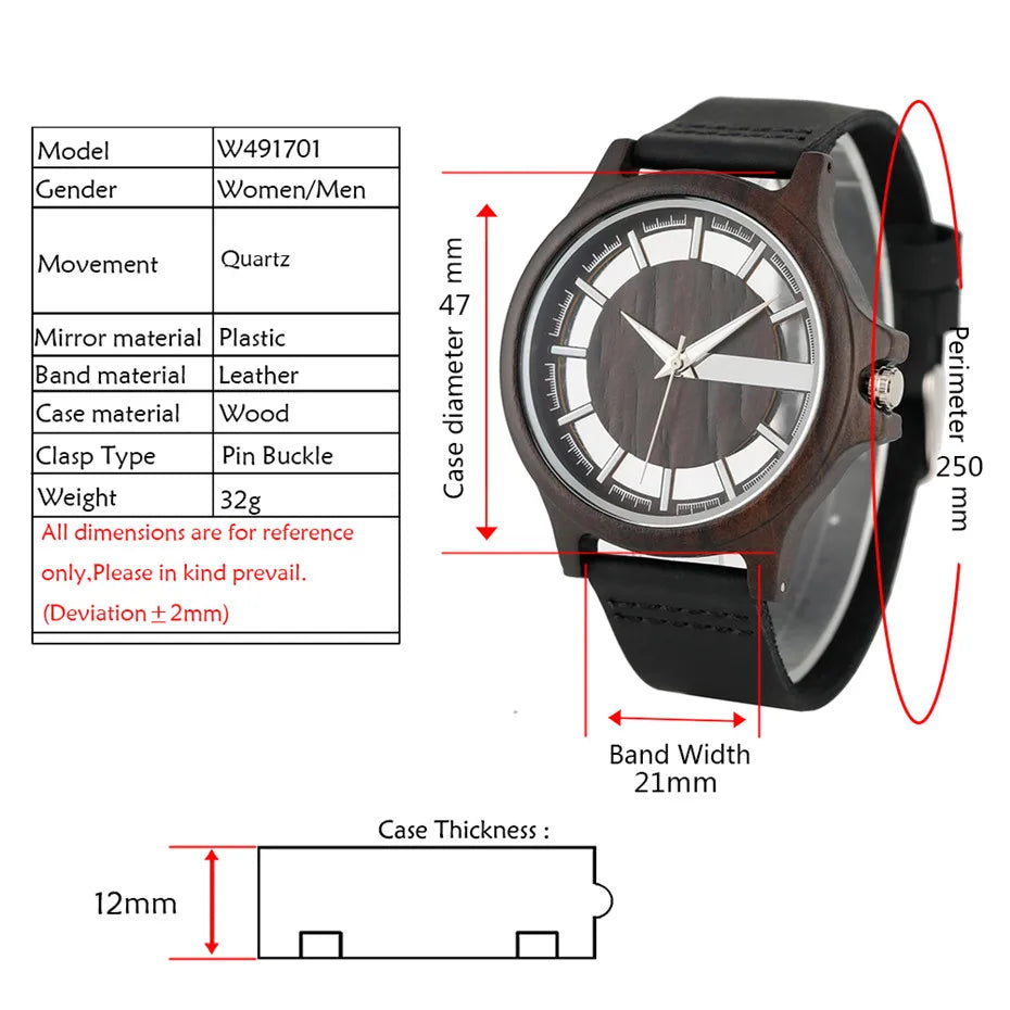 Transparent Hollow Dial Coffee Brown & Black Wood Watch – Quartz Timepiece with Genuine Leather Band