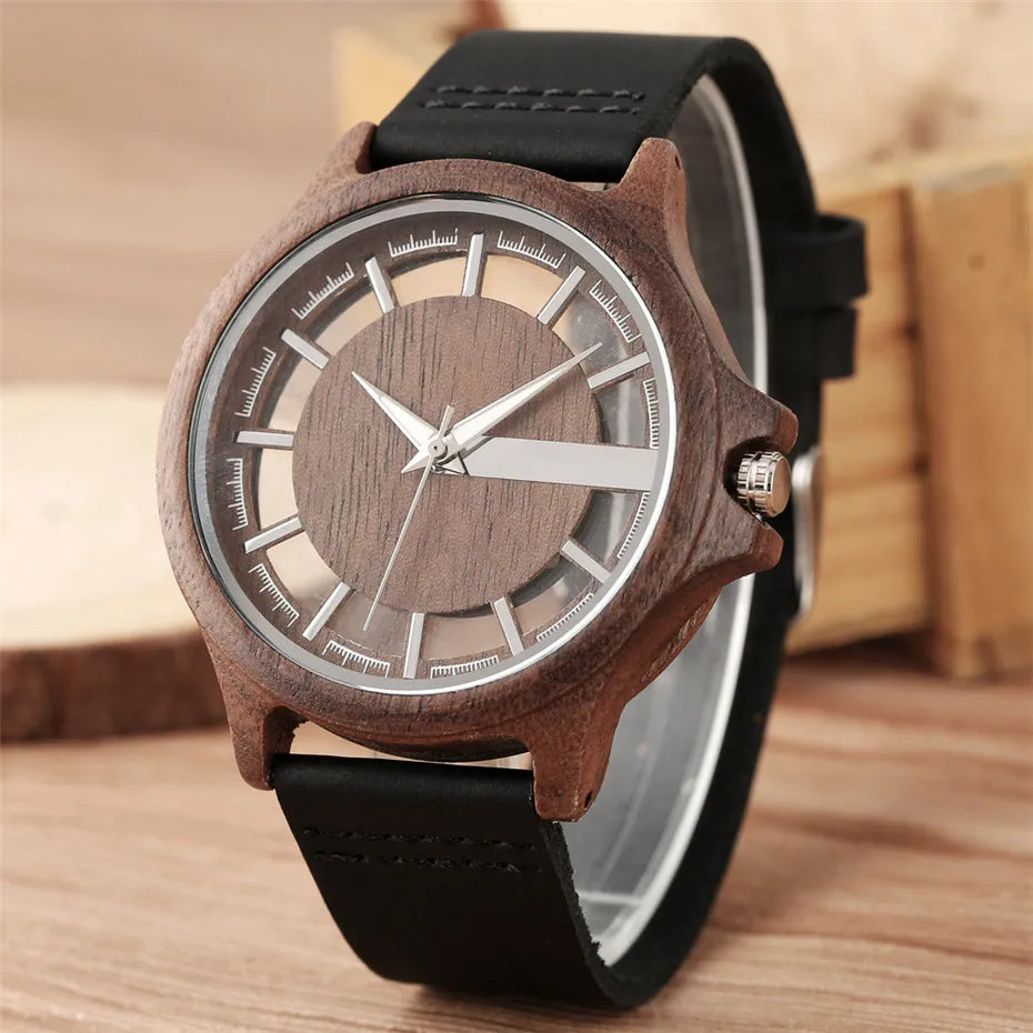 Transparent Hollow Dial Coffee Brown & Black Wood Watch – Quartz Timepiece with Genuine Leather Band