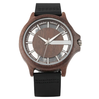 Transparent Hollow Dial Coffee Brown & Black Wood Watch – Quartz Timepiece with Genuine Leather Band