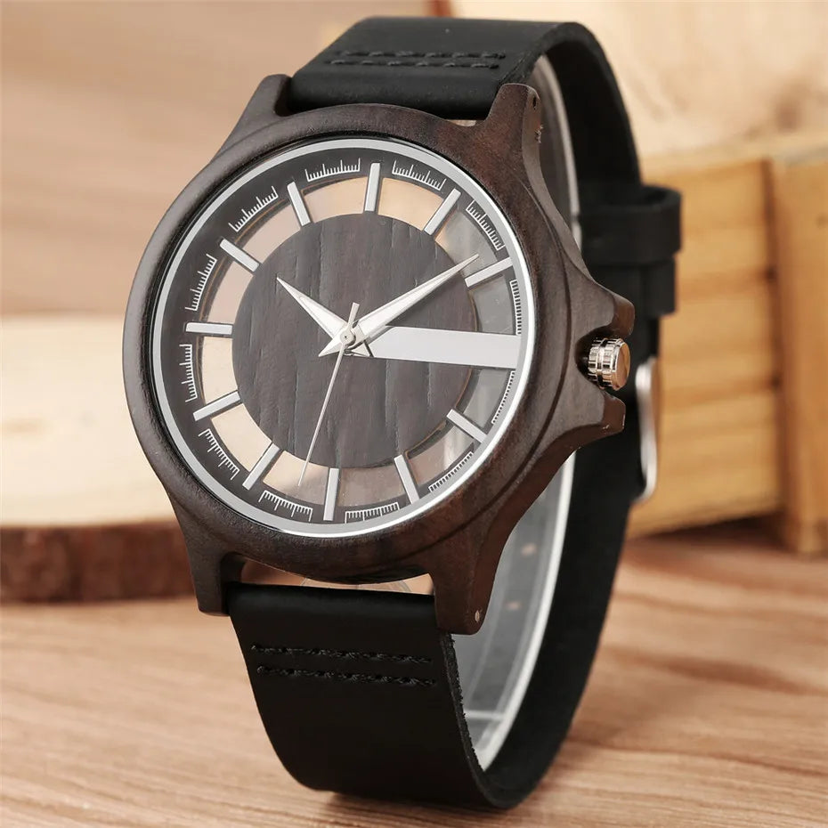 Transparent Hollow Dial Coffee Brown & Black Wood Watch – Quartz Timepiece with Genuine Leather Band