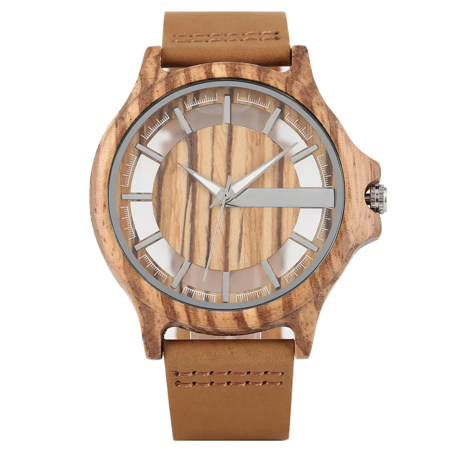 Transparent Hollow Dial Coffee Brown & Black Wood Watch – Quartz Timepiece with Genuine Leather Band