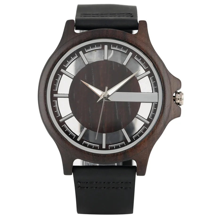 Transparent Hollow Dial Coffee Brown & Black Wood Watch – Quartz Timepiece with Genuine Leather Band