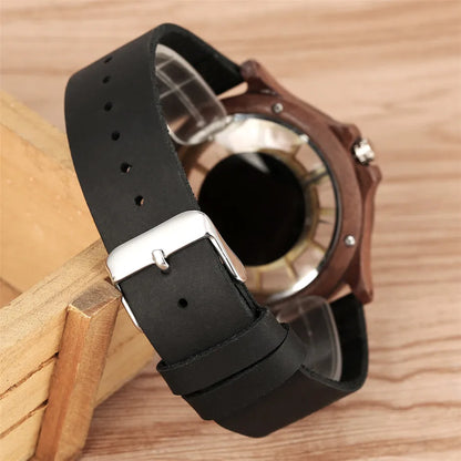 Transparent Hollow Dial Coffee Brown & Black Wood Watch – Quartz Timepiece with Genuine Leather Band