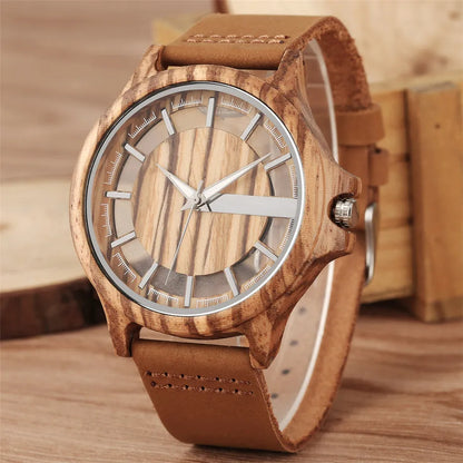 Transparent Hollow Dial Coffee Brown & Black Wood Watch – Quartz Timepiece with Genuine Leather Band