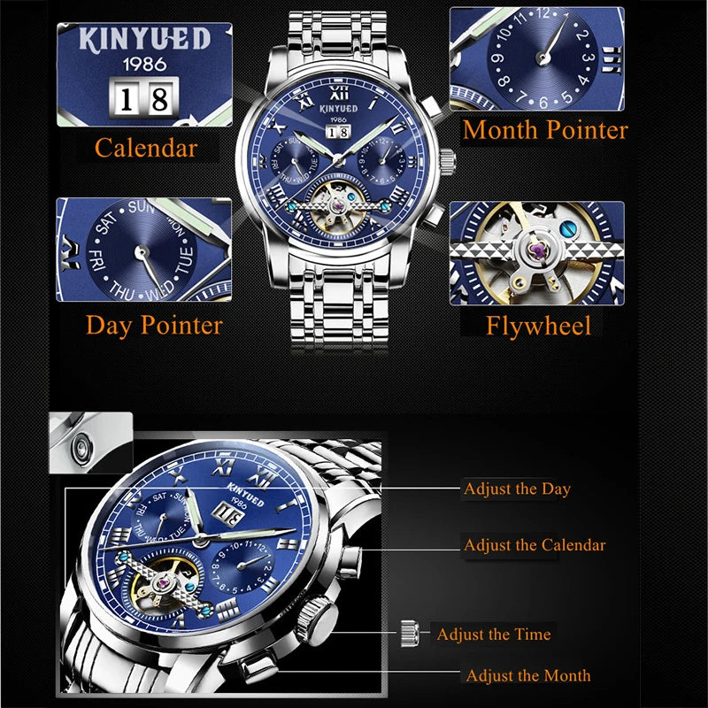 KINYUED Mens Luxury Brand Watch Business Stainless Steel Band Automatic Mechanical Wristwatches Men relogio Waterproof Watches