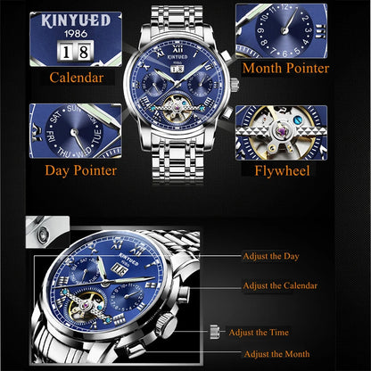 KINYUED Mens Luxury Brand Watch Business Stainless Steel Band Automatic Mechanical Wristwatches Men relogio Waterproof Watches