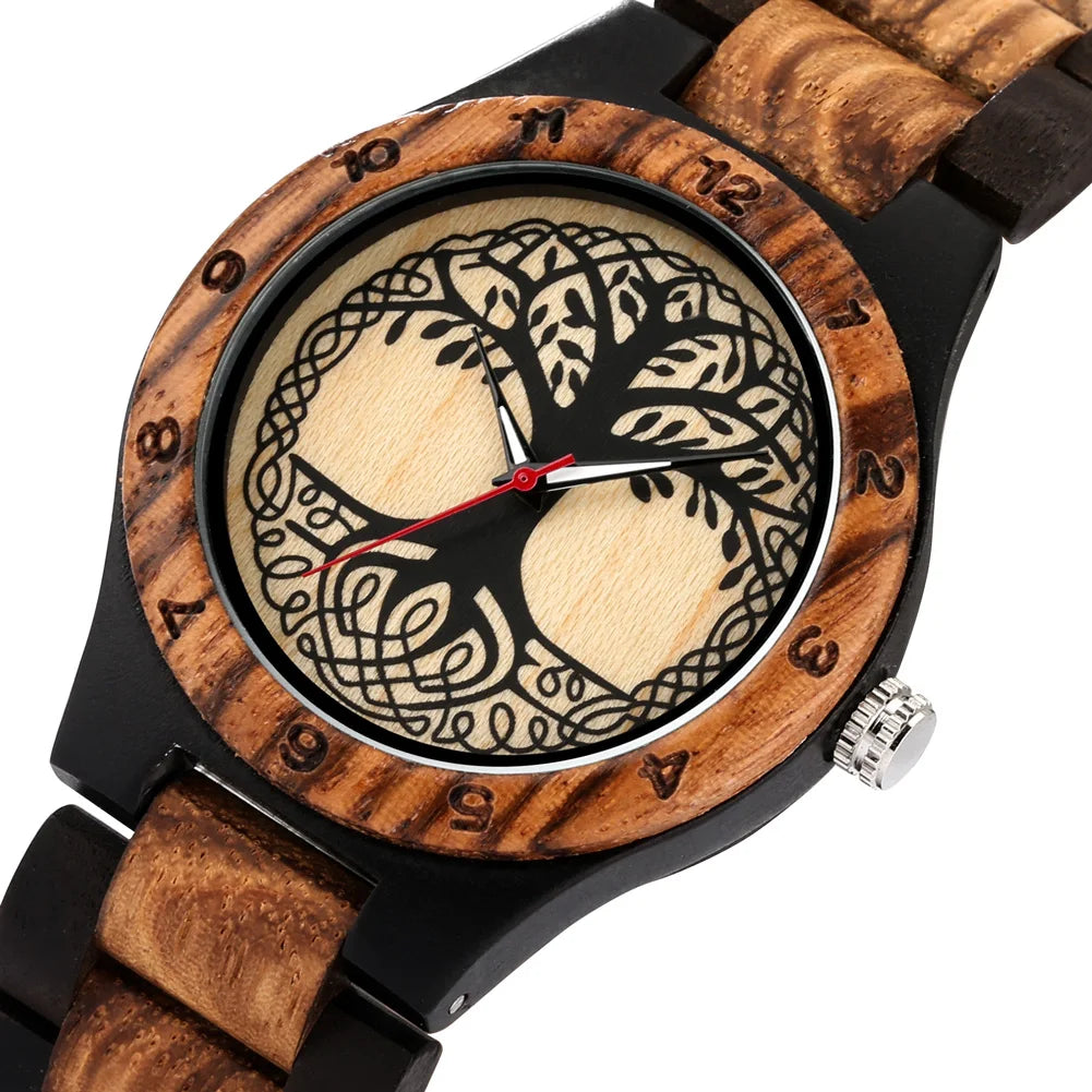 Zebra Wood Wrist Watch with Life Tree Pattern Dial