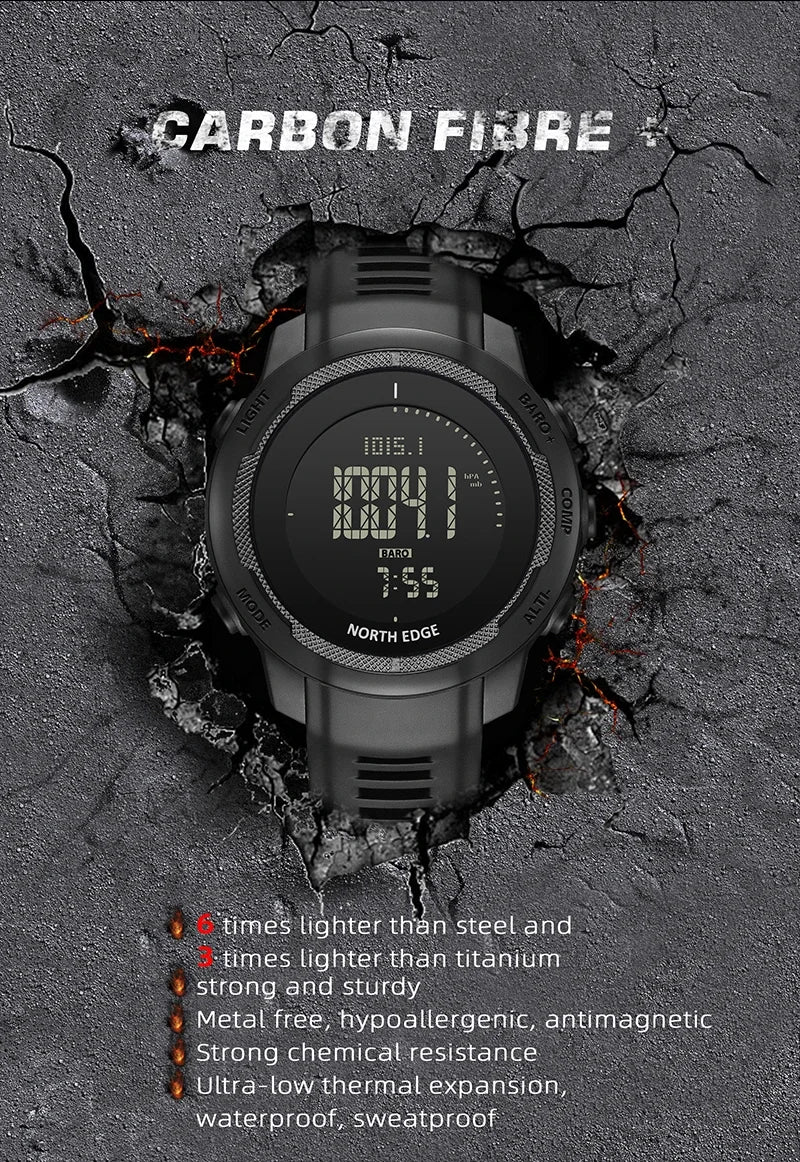 NORTH EDGE VERTICO Men's Digital Watch Carbon Fiber Case For Man Sports Running Swimming WR50M Watch Altimeter Barometer Compass