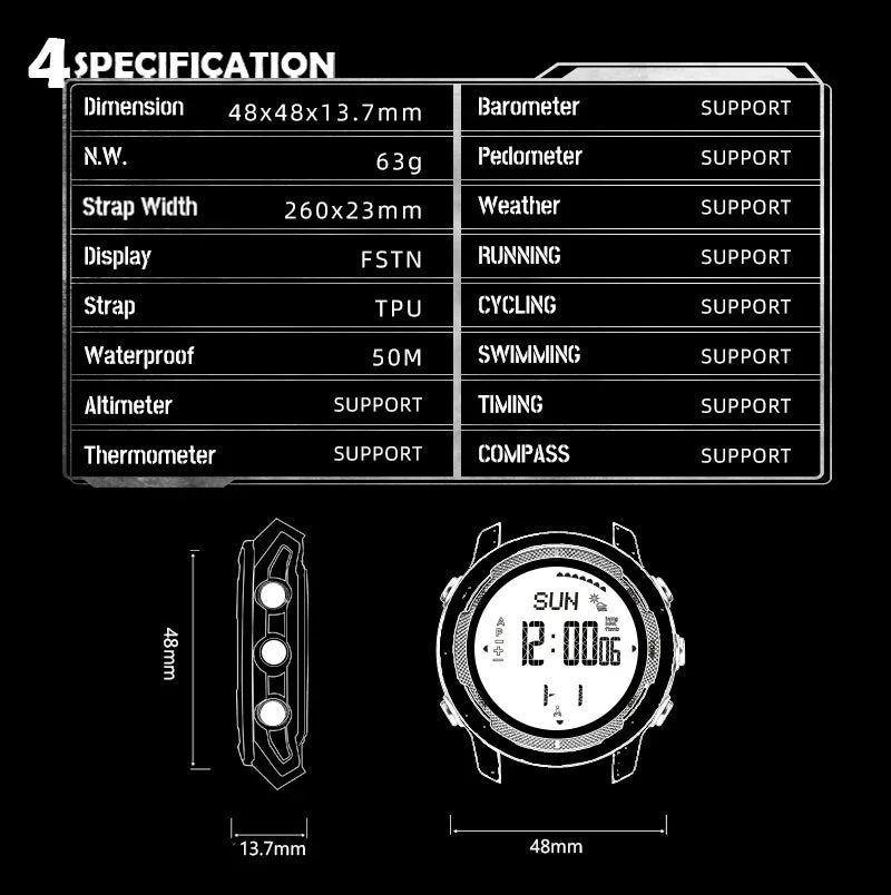 NORTH EDGE VERTICO Men's Digital Watch Carbon Fiber Case For Man Sports Running Swimming WR50M Watch Altimeter Barometer Compass