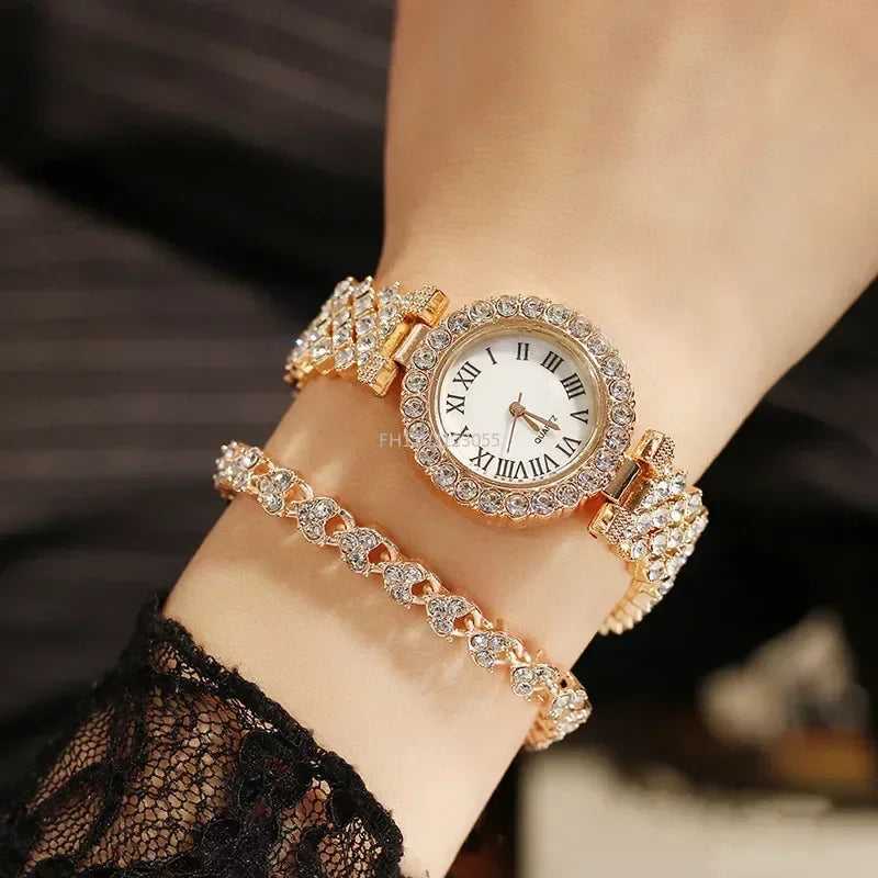 Luxurious Rose Gold Diamond Bracelet and Watch for Women - Elegant Quartz Wristwatch.