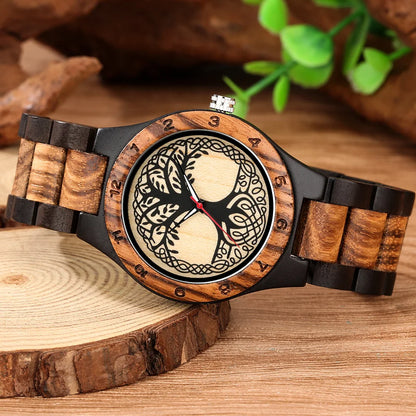 Zebra Wood Wrist Watch with Life Tree Pattern Dial