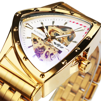 WINNER 395S Men Mechanical Watch Fashion Business Golden Stainless Steel Brand Waterproof Triangle Skeleton Male Wrist Watches