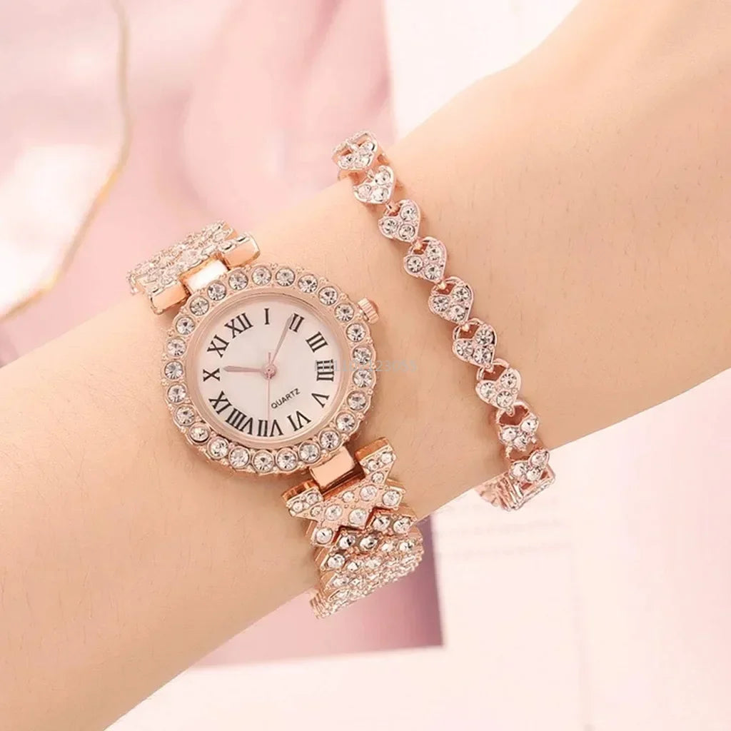 Luxurious Rose Gold Diamond Bracelet and Watch for Women - Elegant Quartz Wristwatch.