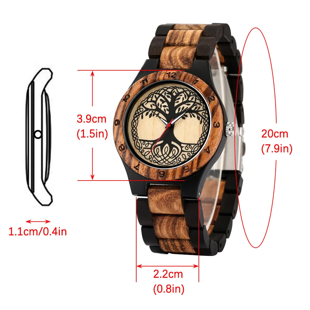 Zebra Wood Wrist Watch with Life Tree Pattern Dial