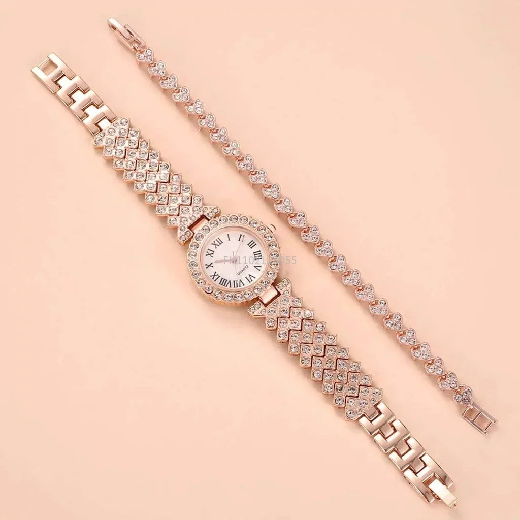 Luxurious Rose Gold Diamond Bracelet and Watch for Women - Elegant Quartz Wristwatch.