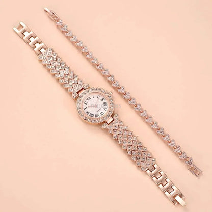 Luxurious Rose Gold Diamond Bracelet and Watch for Women - Elegant Quartz Wristwatch.