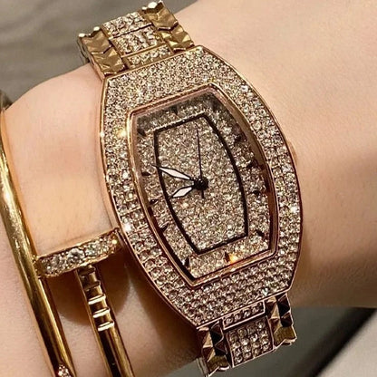 Elegant Ladies Shiny Diamonds Watch Stainless Steel Silver Gold Plated Quartz Wristwatch