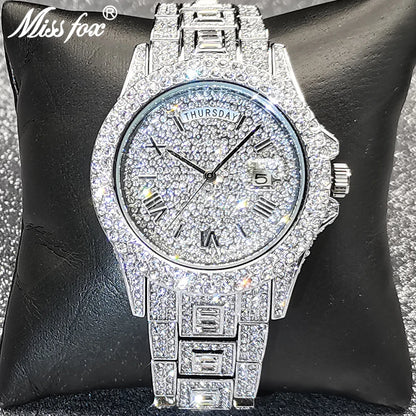 Luxury Men's Diamond Watch - Hip Hop Style, Waterproof Design, and Day-Date Feature.