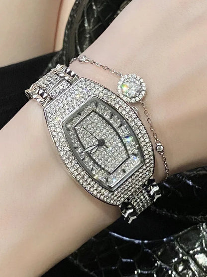 Elegant Ladies Shiny Diamonds Watch Stainless Steel Silver Gold Plated Quartz Wristwatch