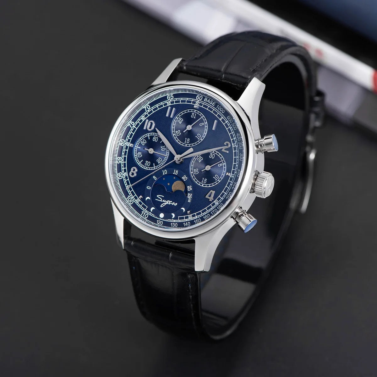 Sugess Men's Mechanical Wristwatch Chronograph with ST1908 Swanneck Movement Moonphase Sapphire Crystal Business Wristwatch