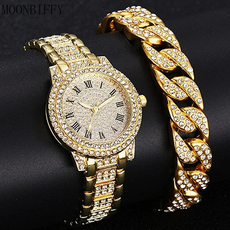 2 pieces Luxury Women's Watch and Hip Hop Bracelet, Rose Gold, Sparkling Crystal Quartz