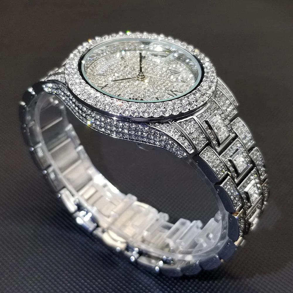 Luxury Men's Diamond Watch - Hip Hop Style, Waterproof Design, and Day-Date Feature.