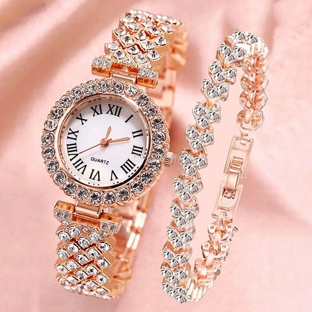 Luxurious Rose Gold Diamond Bracelet and Watch for Women - Elegant Quartz Wristwatch.