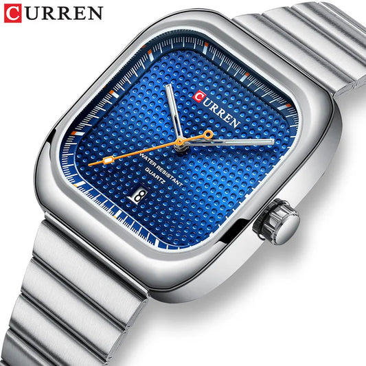 CURREN 9009 Casual Men's Quartz Watch Square Dial Waterproof Stainless Steel Strap Calendar Business New Fashion Watches for Men