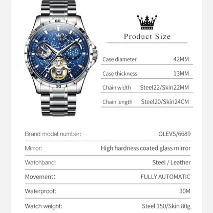 OLEVS Mechanical Watch for Men - Skeleton Starry Sky Moon Phase