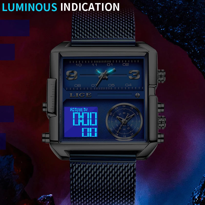 LIGE Luxury Men's Analog Digital Sports Waterproof Watch with Stainless Steel Blue Strap