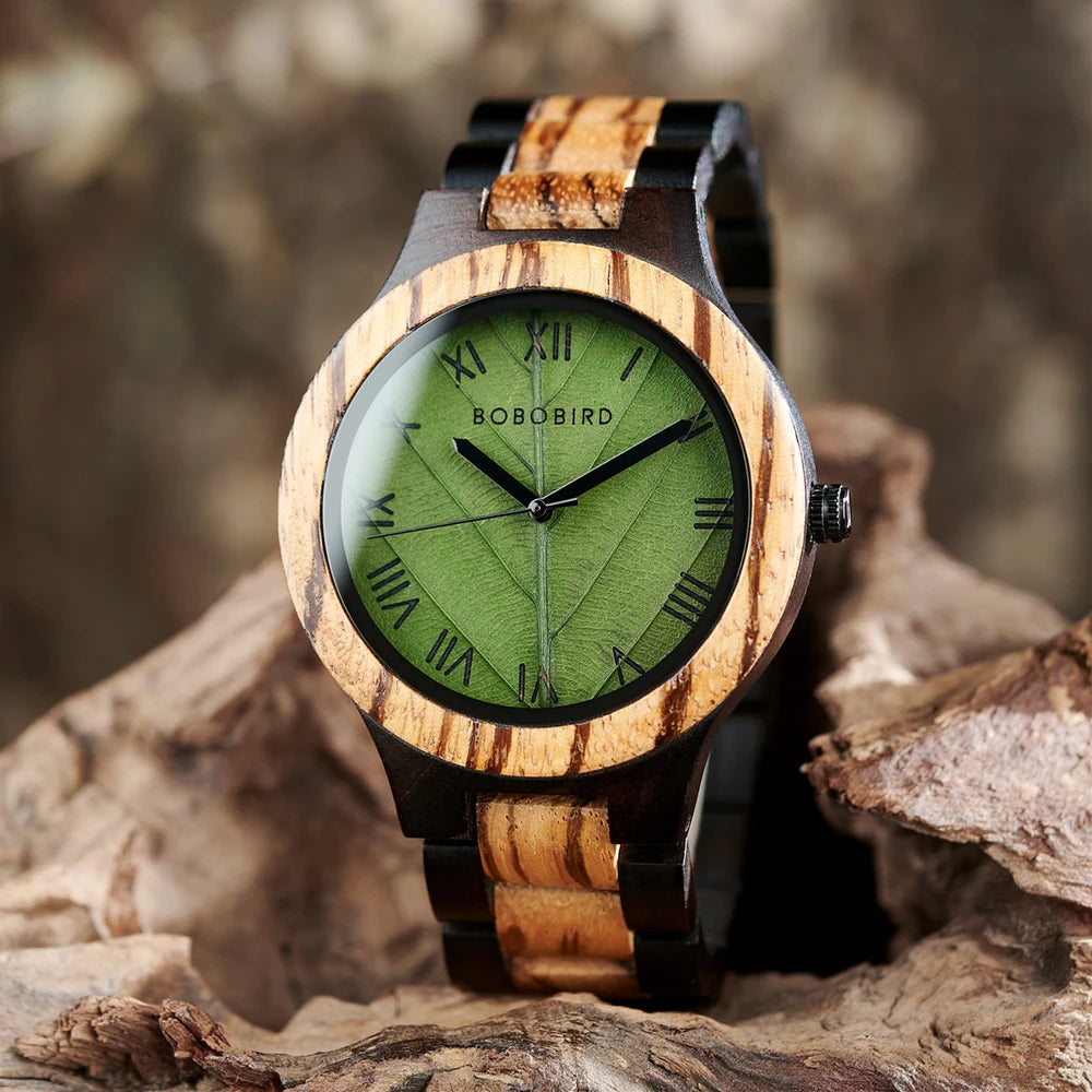 BOBO BIRD Model GT156 Engraved Wooden Watch with Leaf Dial Design: A Unique Christmas Gift for Him