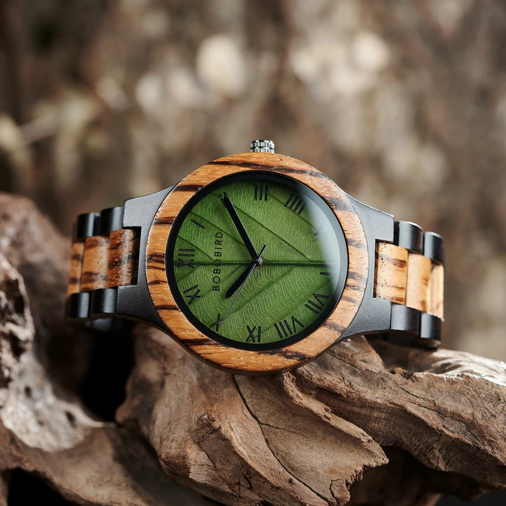 BOBO BIRD Model GT156 Engraved Wooden Watch with Leaf Dial Design: A Unique Christmas Gift for Him