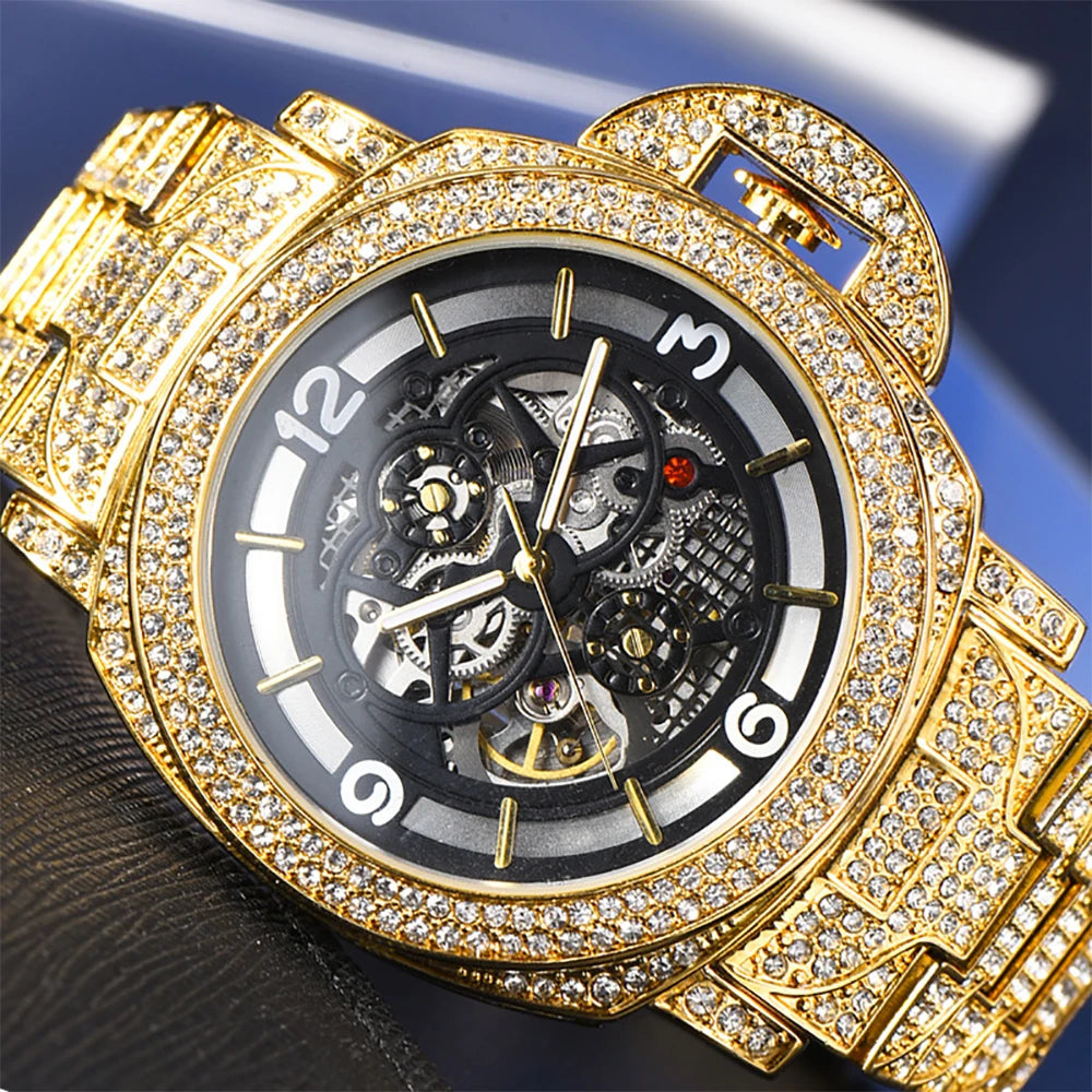 High End Silver Steel Luxury Mechanical Watch for Men Hollow Auto Design Waterproof Diamond Luxury