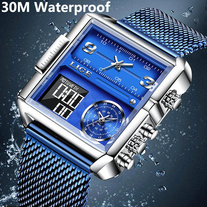 LIGE Luxury Men's Analog Digital Sports Waterproof Watch with Stainless Steel Blue Strap