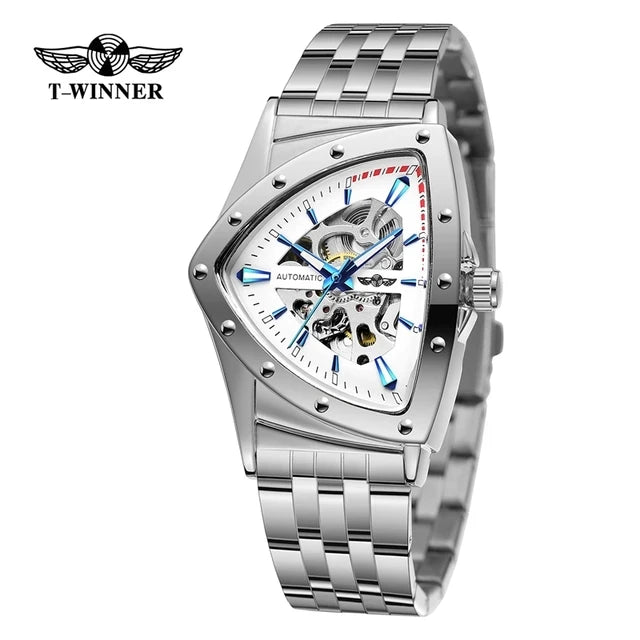 WINNER 395S Men Mechanical Watch Fashion Business Golden Stainless Steel Brand Waterproof Triangle Skeleton Male Wrist Watches