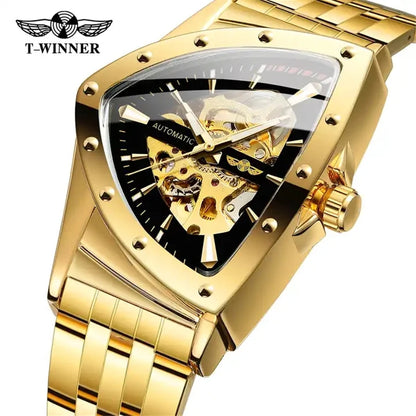 WINNER 395S Men Mechanical Watch Fashion Business Golden Stainless Steel Brand Waterproof Triangle Skeleton Male Wrist Watches