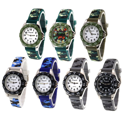 Boys and girls fashion quartz watch with luminous hands and camouflage silicone strap.