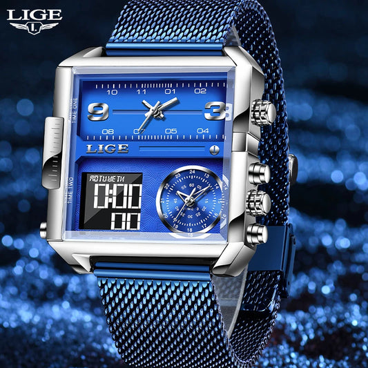 LIGE Luxury Men's Analog Digital Sports Waterproof Watch with Stainless Steel Blue Strap