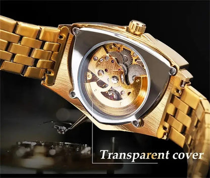 WINNER 395S Men Mechanical Watch Fashion Business Golden Stainless Steel Brand Waterproof Triangle Skeleton Male Wrist Watches