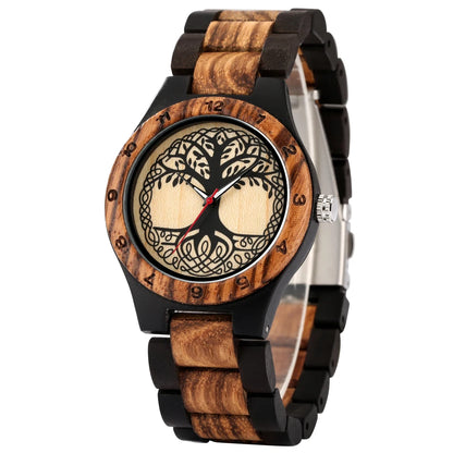 Zebra Wood Wrist Watch with Life Tree Pattern Dial