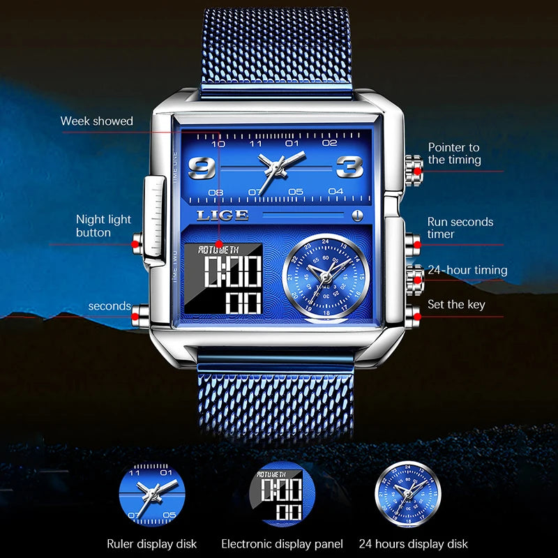 LIGE Luxury Men's Analog Digital Sports Waterproof Watch with Stainless Steel Blue Strap