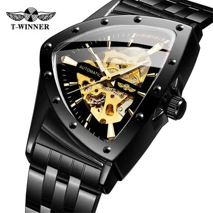 WINNER 395S Men Mechanical Watch Fashion Business Golden Stainless Steel Brand Waterproof Triangle Skeleton Male Wrist Watches