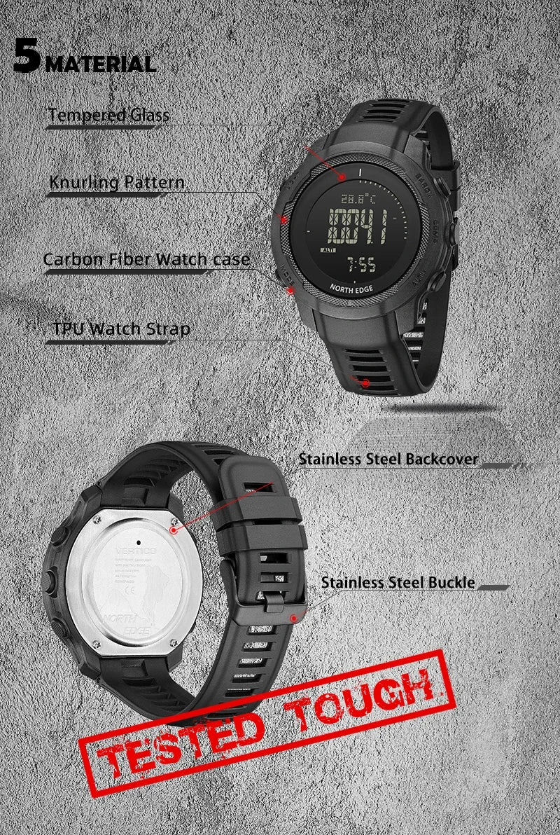 NORTH EDGE VERTICO Men's Digital Watch Carbon Fiber Case For Man Sports Running Swimming WR50M Watch Altimeter Barometer Compass