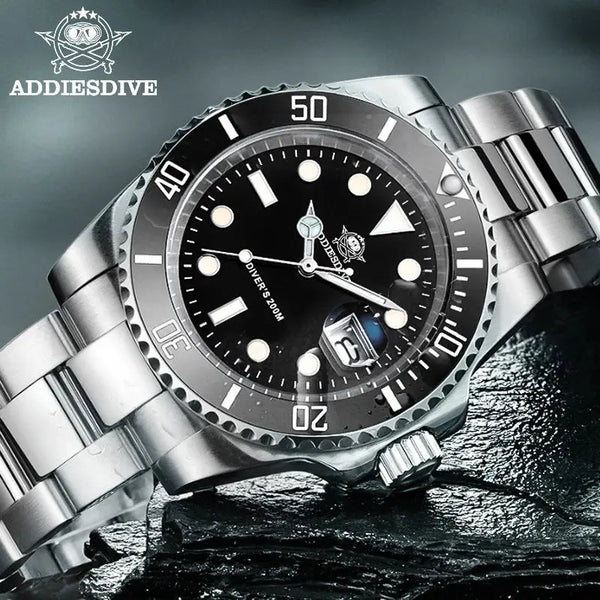 Addiesdive 20 bar waterproof men's watch with stainless steel band and black dial for divers