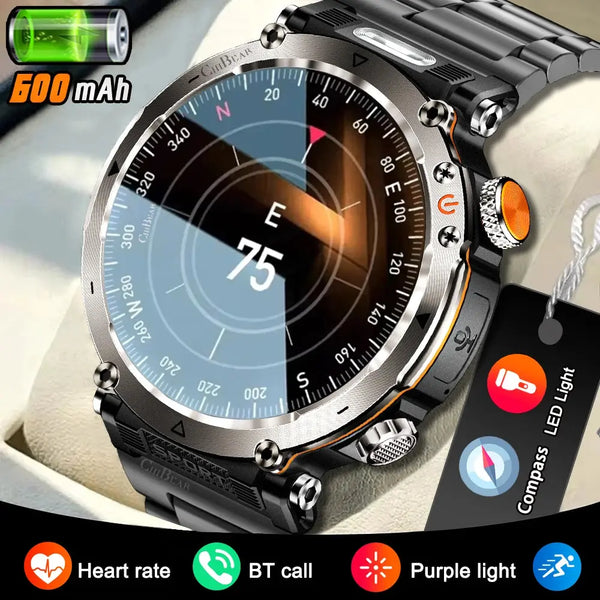 Adventure smartwatch for men featuring a sleek design, compass, and Bluetooth calling function
