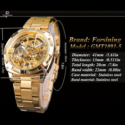 Forsining Mechanical Automatic Men's Watch: Luminous Hands, Skeleton Design, Stainless Steel Band, Retro Style, Non-Waterproof, Pointer Display, Round Case