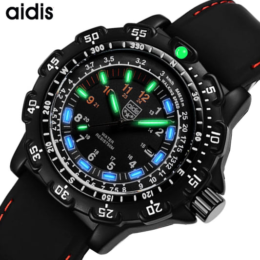 Alcom Distribution tactical luminous army watch black rugged bezel green and blue glowing markers silicone strap
