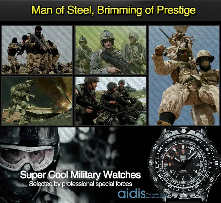 Alcom Distribution tactical luminous army watch product image showing military soldiers collage and closeup watch dial