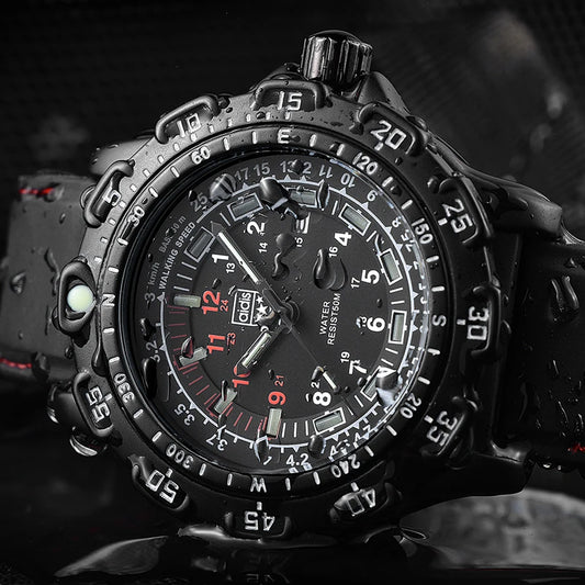 Alcom Distribution black tactical luminous army watch with rugged bezel rubber strap and water resistant design