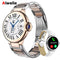 Aiweile AW28 smartwatch with stainless steel rose gold and silver band, white leather band, and digital call display